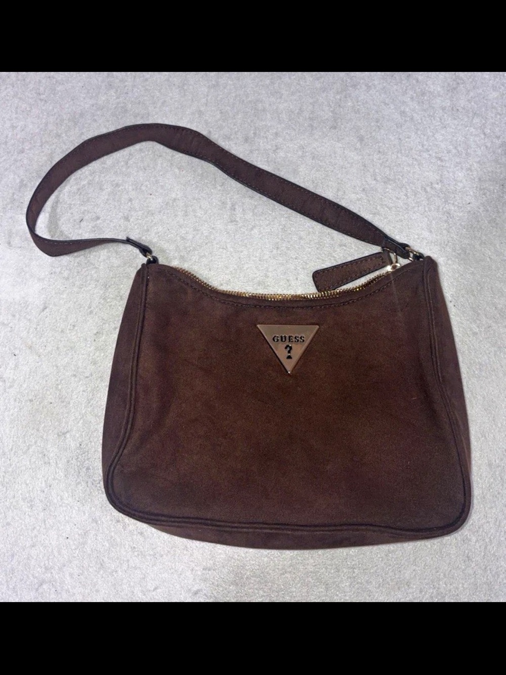 Guess Brown Suede Shoulder Bag with Logo Triangle